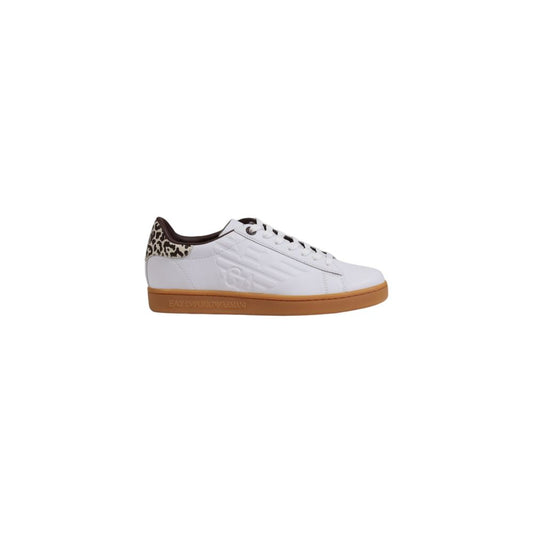 White sneaker with leopard print accents on a white background