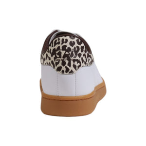 White sneaker with brown sole and leopard print heel tab on a white background