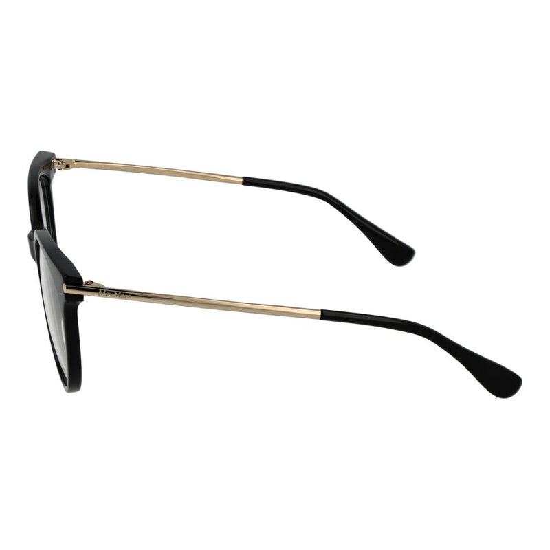 Black acetate and gold metal eyeglass frames with thin temples viewed from the side