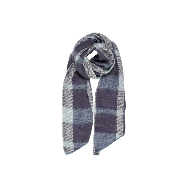 Turquoise and dark blue plaid polyester scarf looped neatly