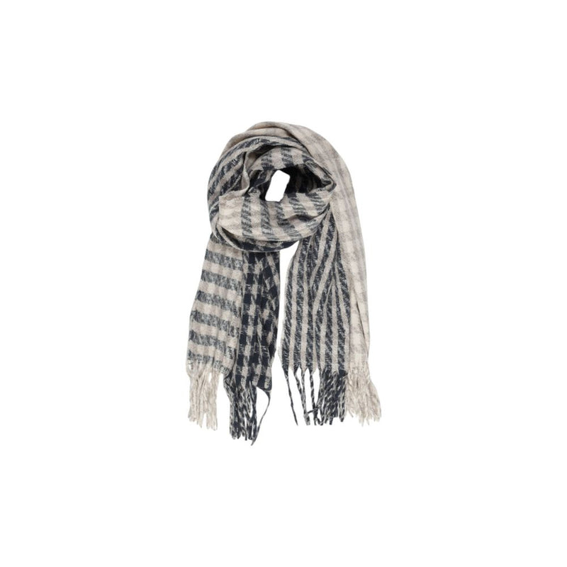 Gray recycled polyester scarf with checkered and striped pattern and fringe ends