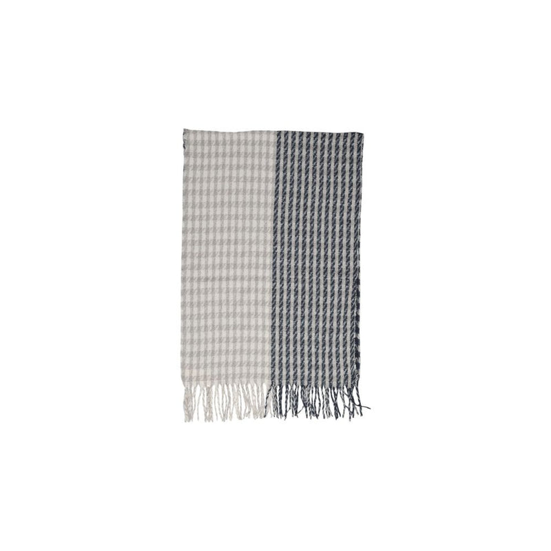 Gray recycled polyester scarf with houndstooth and striped patterns and fringe ends