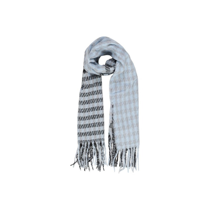 Blue and black houndstooth recycled polyester scarf with fringe ends