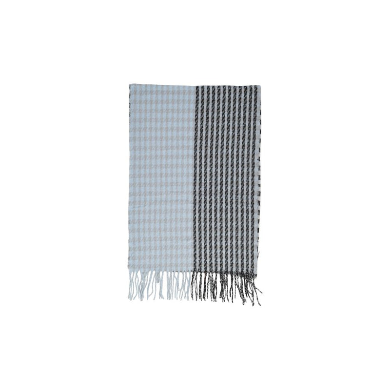 Blue recycled polyester scarf with houndstooth and stripe patterns and fringe
