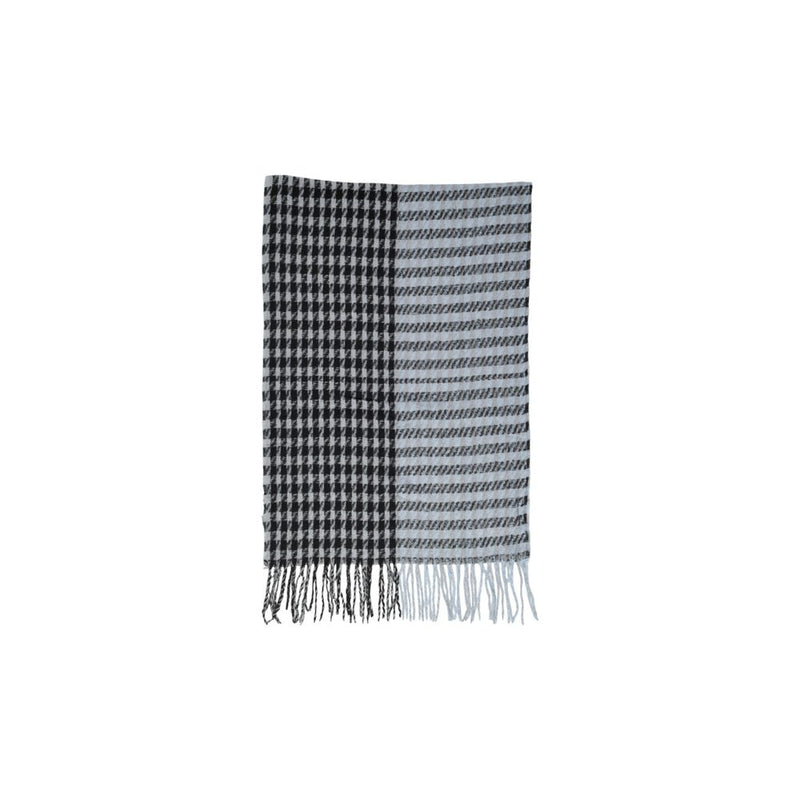 Black and white houndstooth and striped recycled polyester scarf with fringe