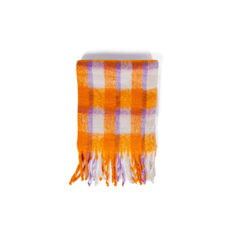 Fuzzy orange, purple, and white plaid polyester scarf with fringe ends