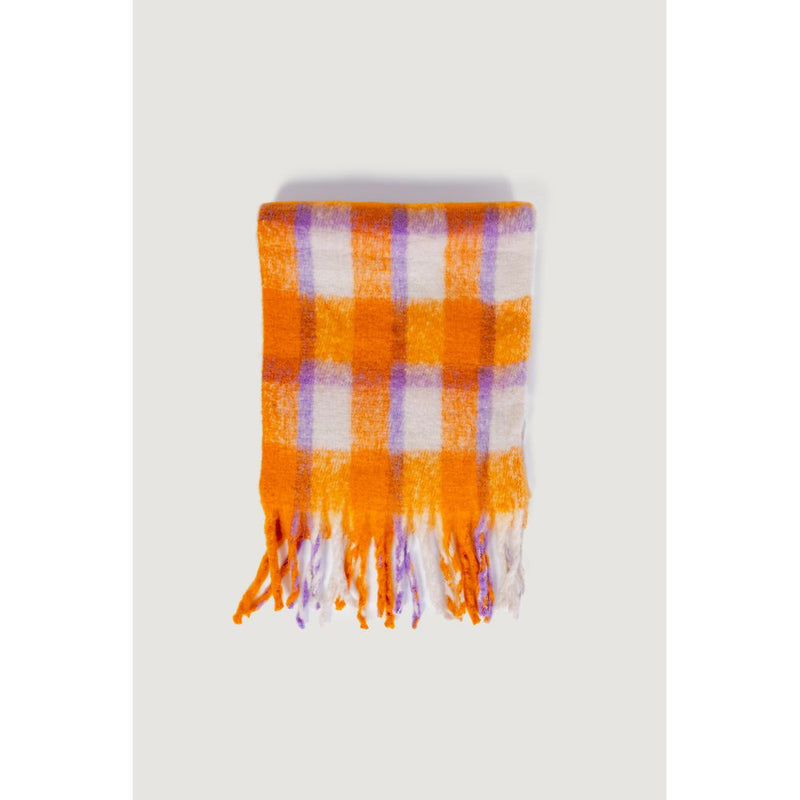 Orange, white, and purple plaid polyester fringe scarf