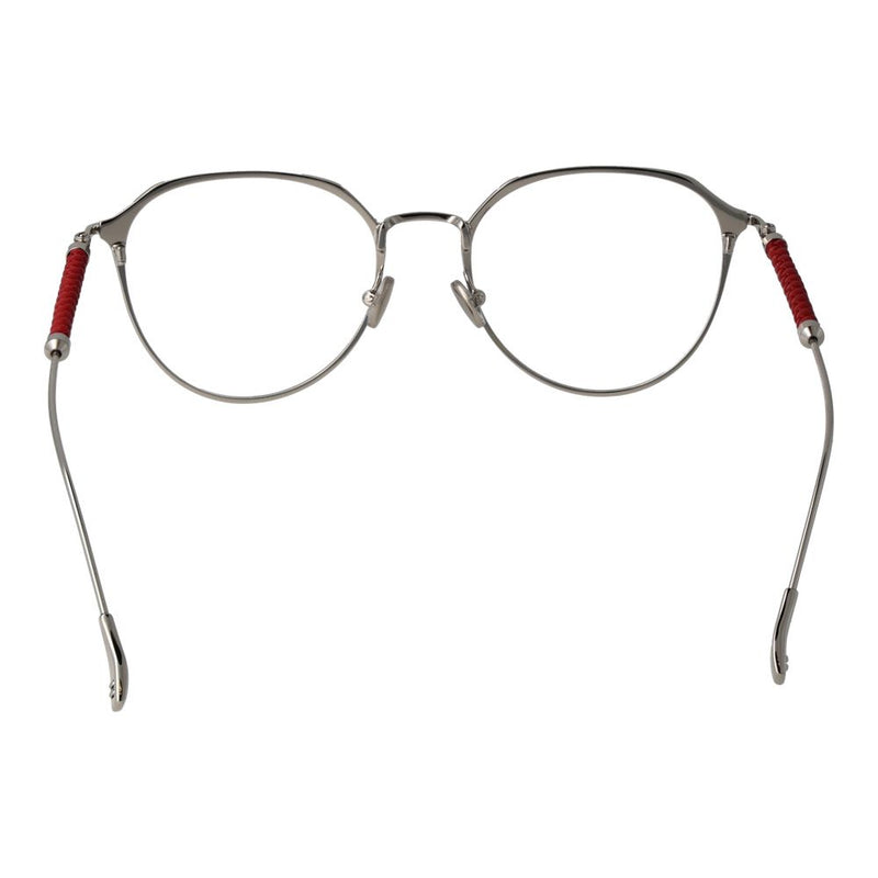 Tod's silver metal eyeglass frames with round lenses and red braided temple details