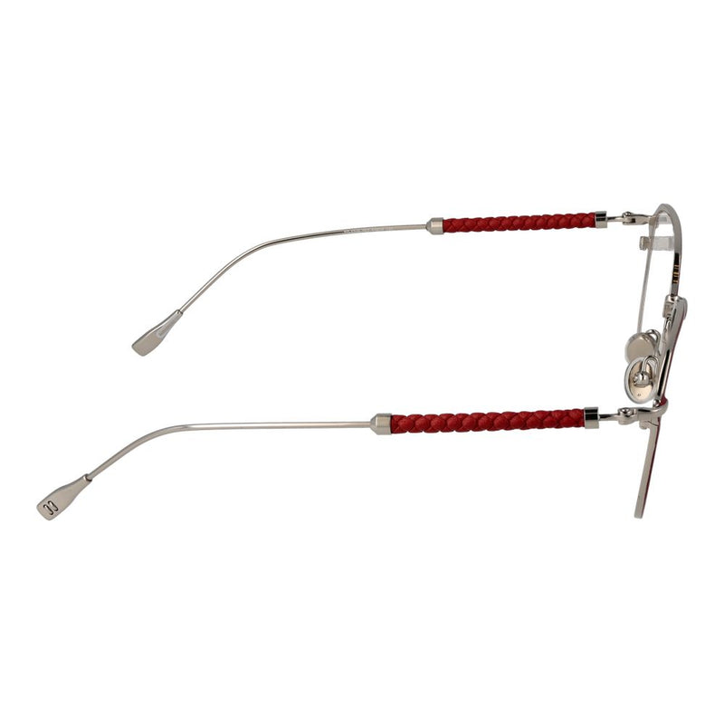 Silver metal eyeglasses frames featuring red braided leather temple accents