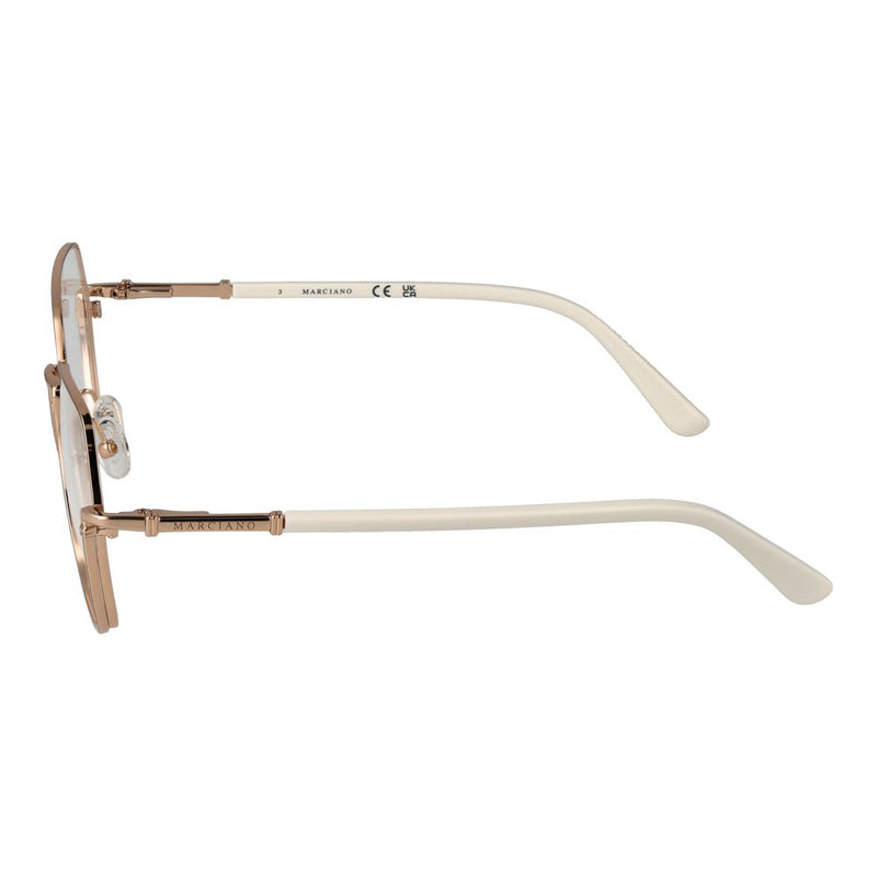 Marciano rose gold metal eyeglass frames with white temples viewed from the side