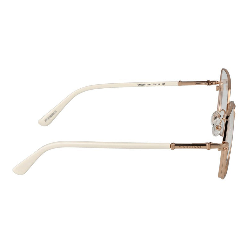 Rose gold metal glasses frames with white temples viewed from the side