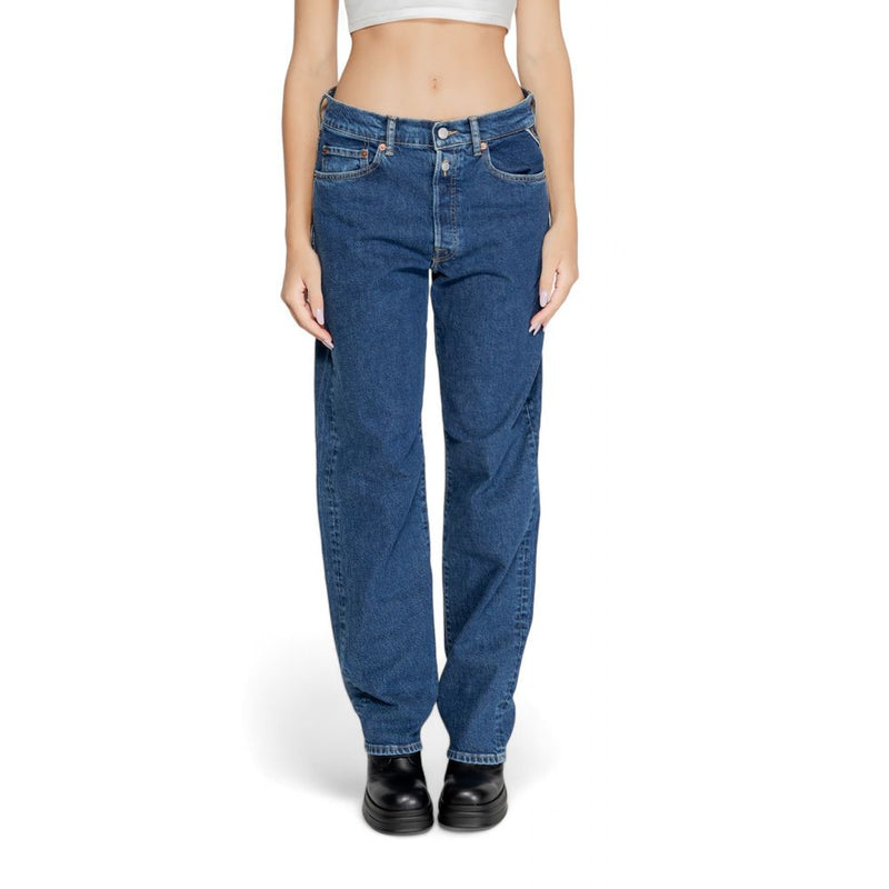 Blue cotton mom jeans worn by a model with a white top