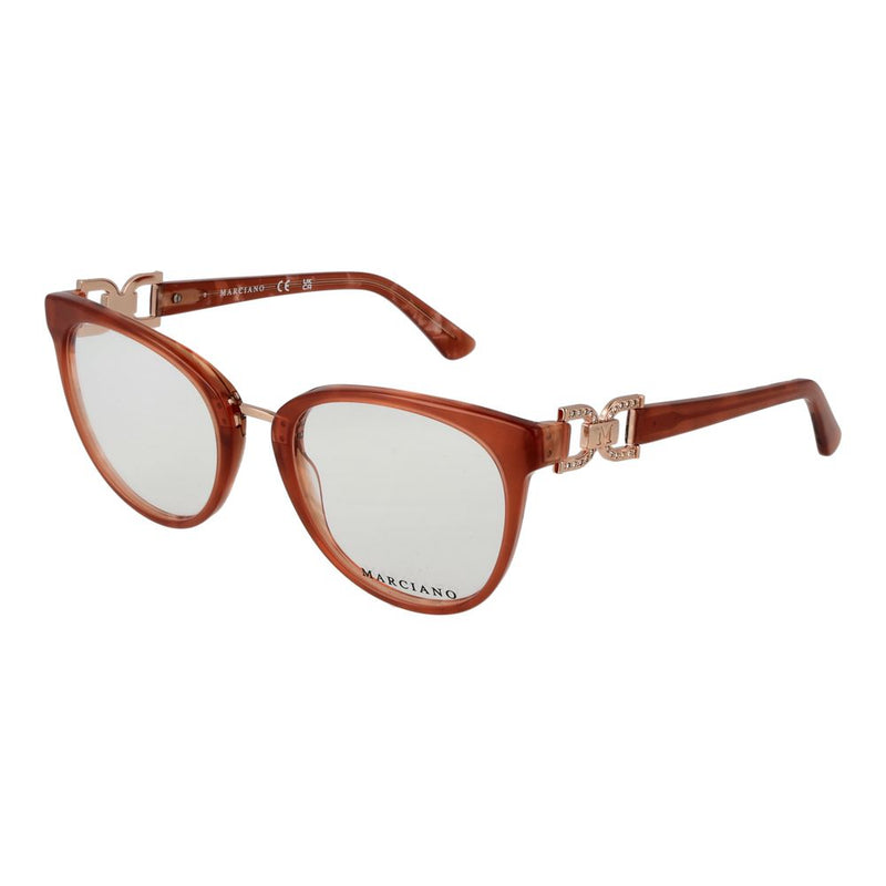 Brown acetate cat-eye eyeglass frames with gold embellished temples and clear demo lenses