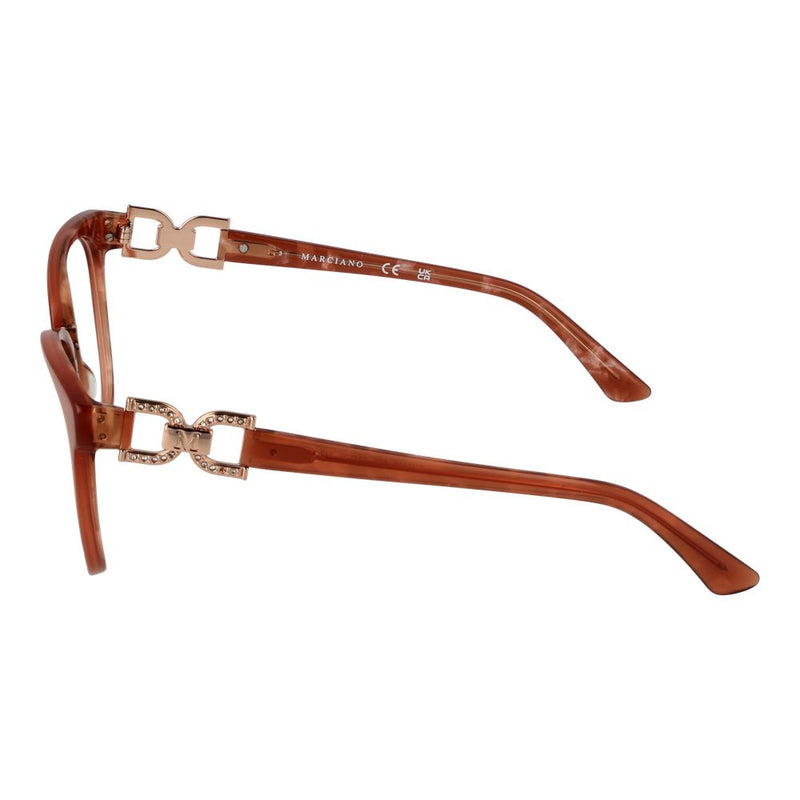 Brown tortoiseshell acetate glasses frames with gold crystal-embellished temples seen from the side