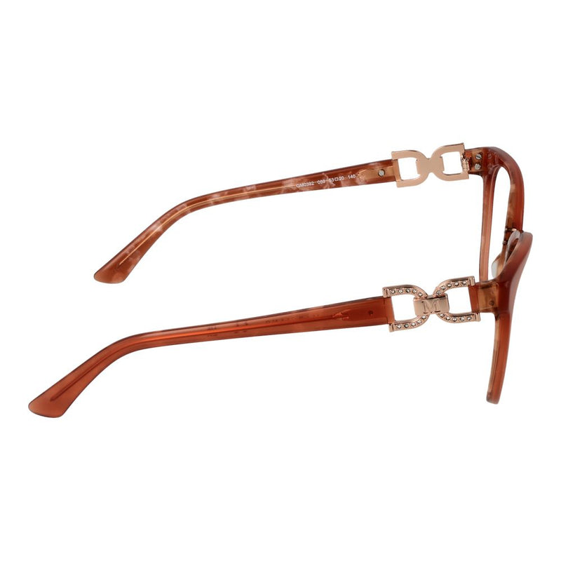 Brown acetate eyeglass frames with decorative gold temples showing a side angle view