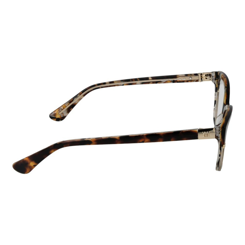 Brown tortoiseshell acetate glasses frames in a cat-eye style viewed from the side