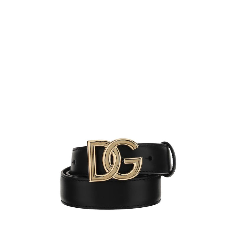 Black leather belt featuring a large gold DG logo buckle coiled up