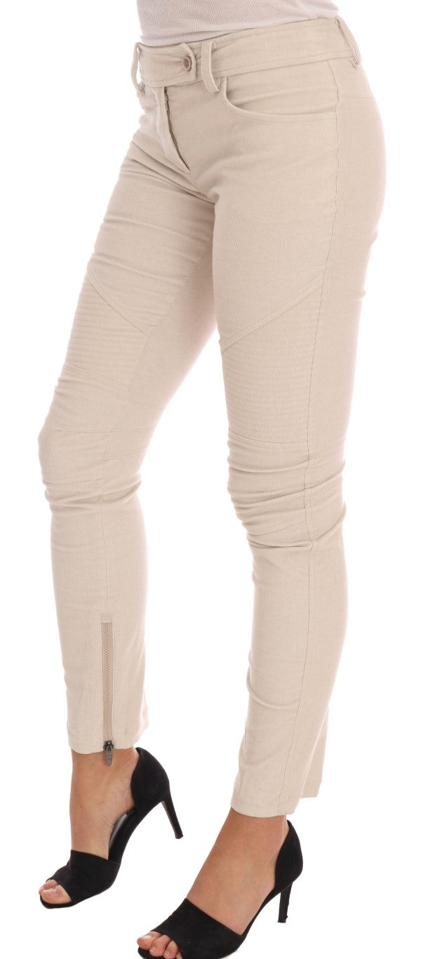 Beige slim corduroy skinny pants with zippered cuffs