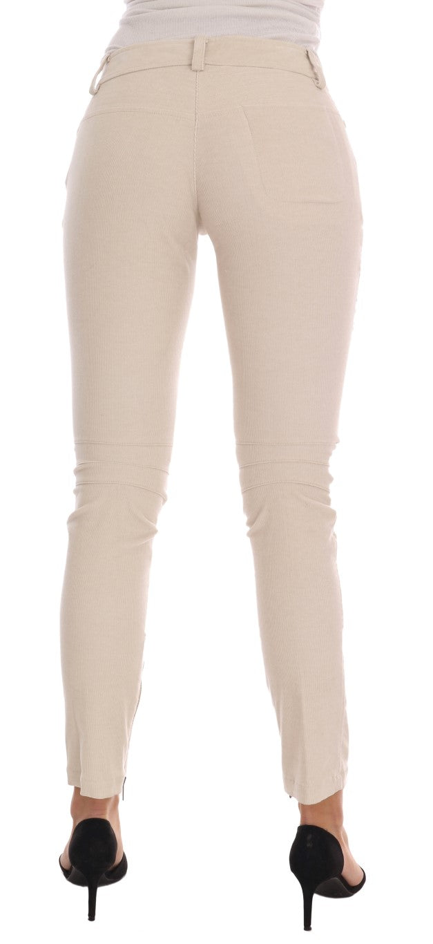 Beige corduroy skinny pants worn with black heels