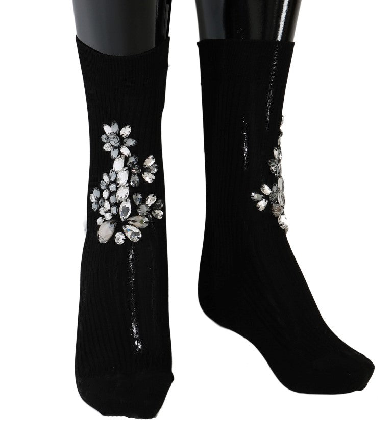 Black knitted mid-calf socks adorned with clear crystal floral embellishments