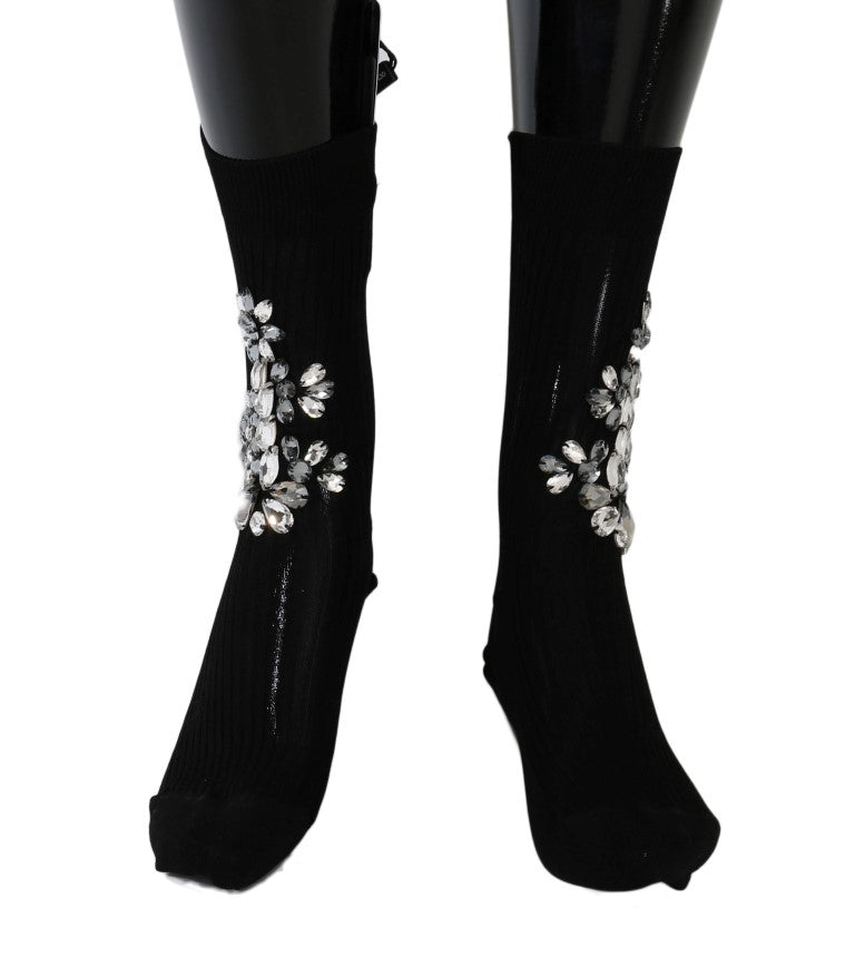 Black knit socks adorned with sparkling clear crystal floral embellishments