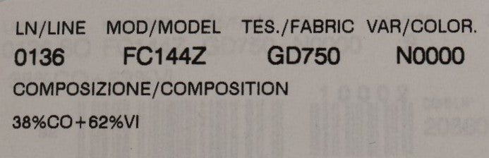 Close-up of a product label showing model and composition details