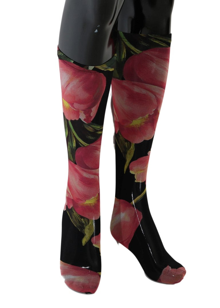 Black nylon knee-high socks featuring a large pink tulip floral print