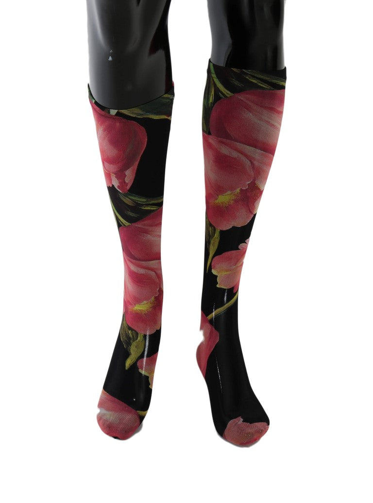 Black knee-high nylon socks featuring a vibrant multicolor floral tulip print