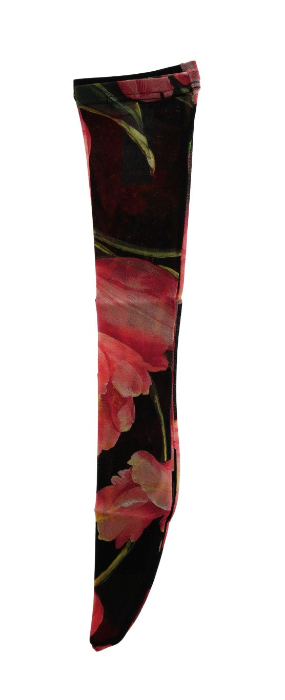 Sheer black nylon knee-high sock featuring a vibrant red and green tulip floral print