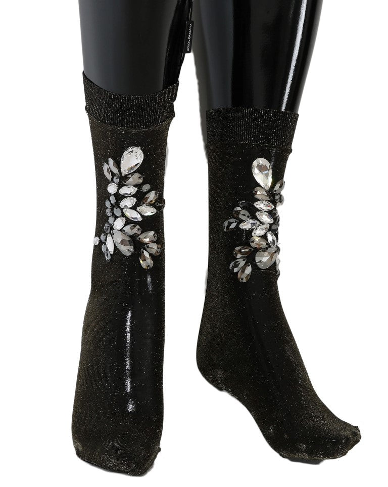 Black stretch socks with metallic shimmer, adorned with clear crystal floral designs on the sides