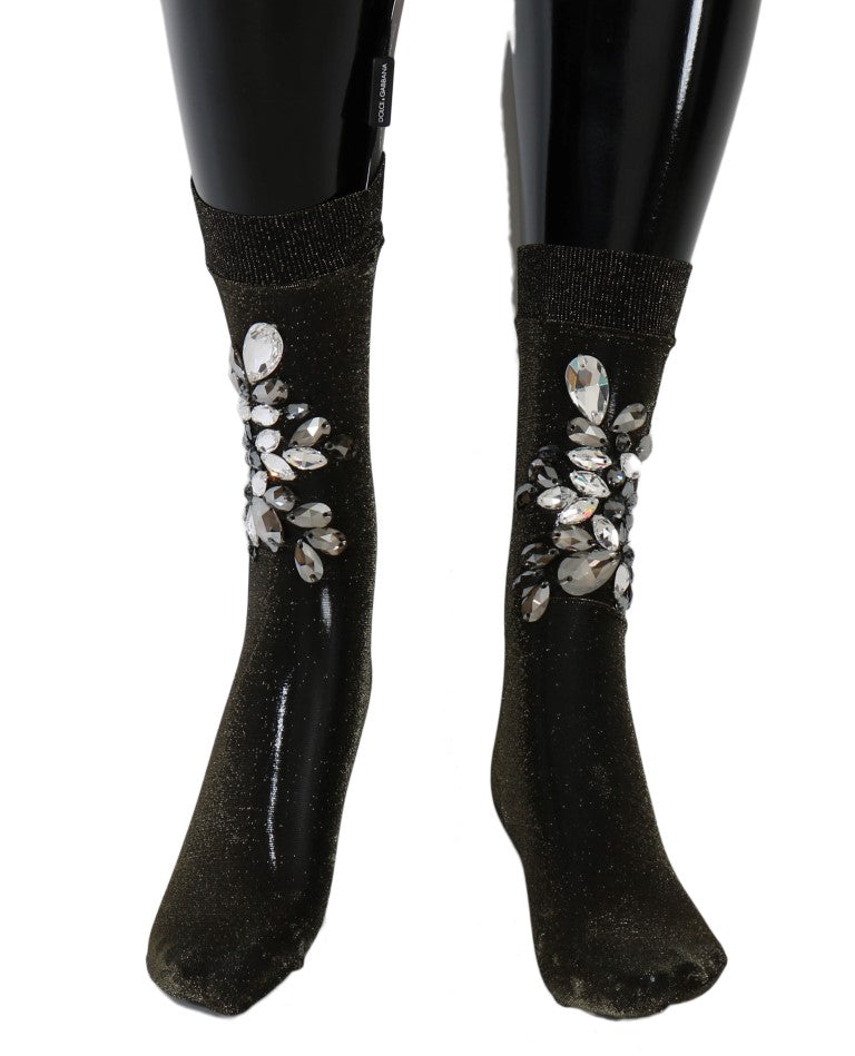 Black glittery stretch socks adorned with floral arrangements of clear crystals