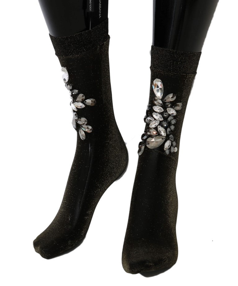 Black stretch socks adorned with clear crystal floral embellishments on the ankles