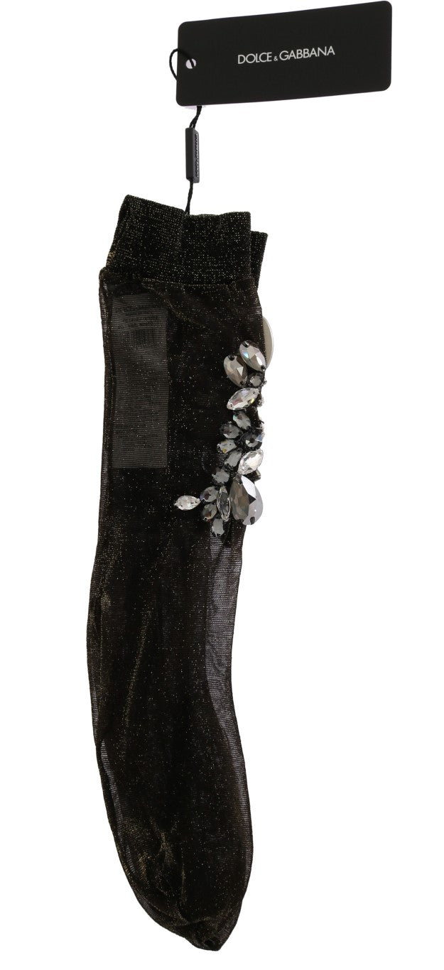 Black stretch sheer sock embellished with sparkling clear crystals and a Dolce & Gabbana tag