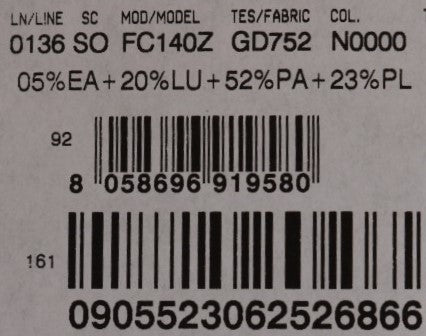 Product tag showing fabric composition, model codes, and barcodes