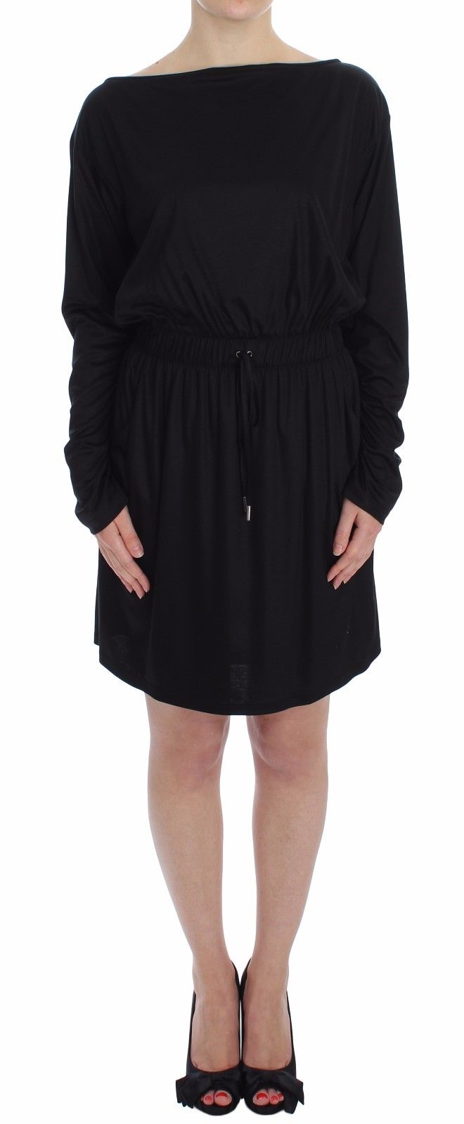 Black modal silk long-sleeve shift knee-length dress with a drawstring waist