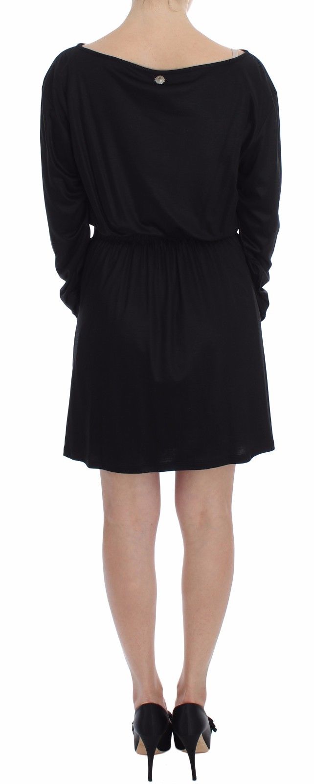 Black modal silk shift knee-length dress worn with heels