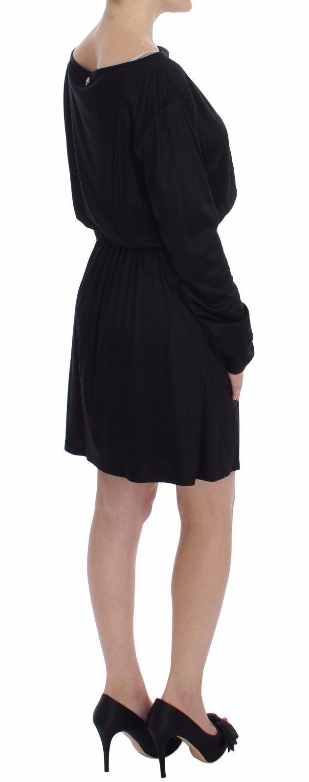 Black modal silk shift knee dress worn by a model