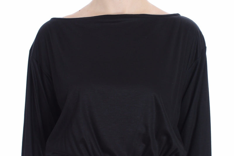 Black modal silk shift dress with boat neckline and long sleeves