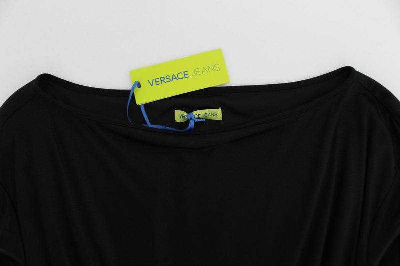 Black modal silk shift dress with boat neckline and Versace Jeans brand tag