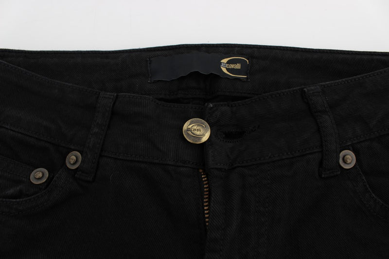 Black cotton stretch slim skinny fit jeans waistband with gold-tone button and branding