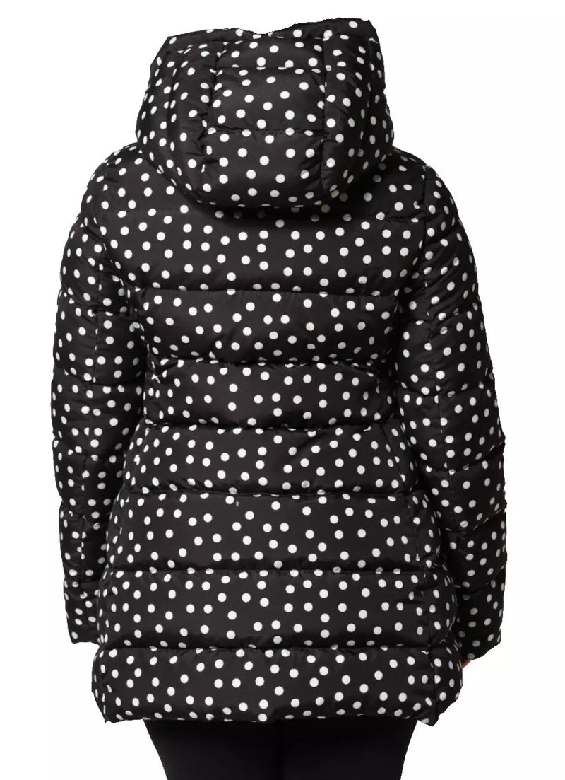 Black polyester hooded puffer jacket with white polka dots viewed from the back
