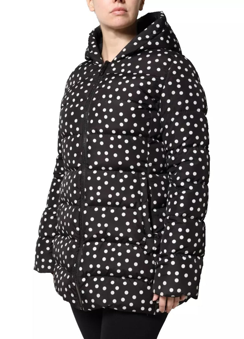 Black and white polka dot polyester hooded puffer jacket