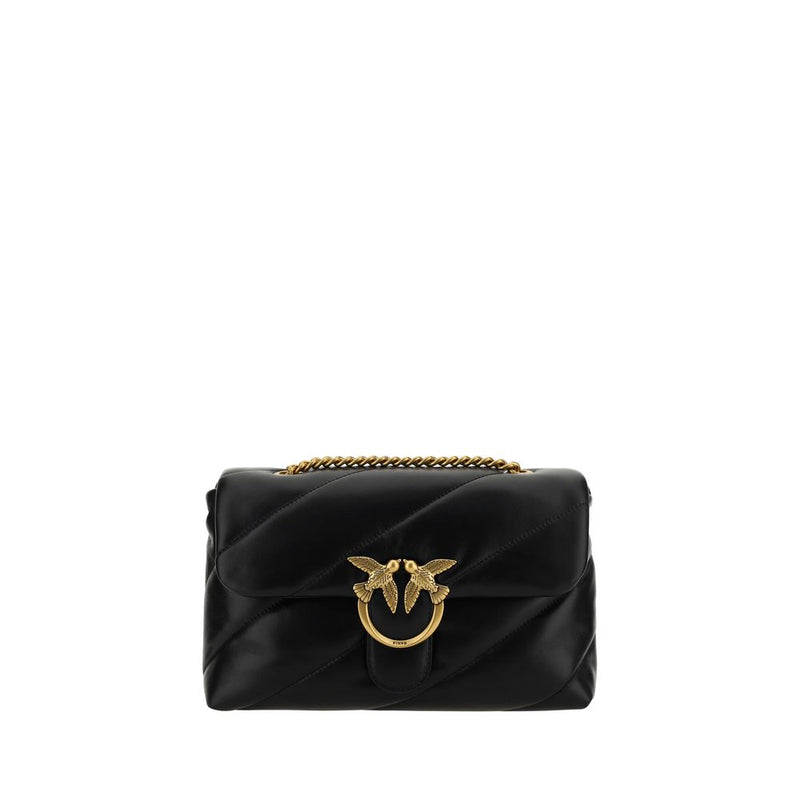 Black quilted leather shoulder bag with gold chain strap and interlocking bird clasp