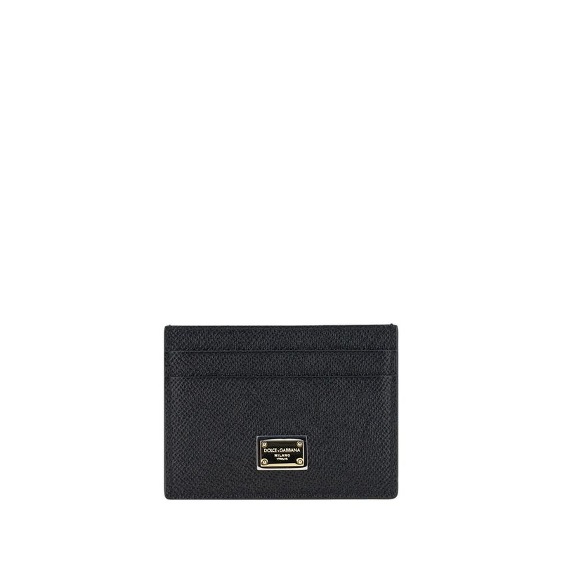 Black textured calf leather card holder wallet with a silver-tone logo plaque