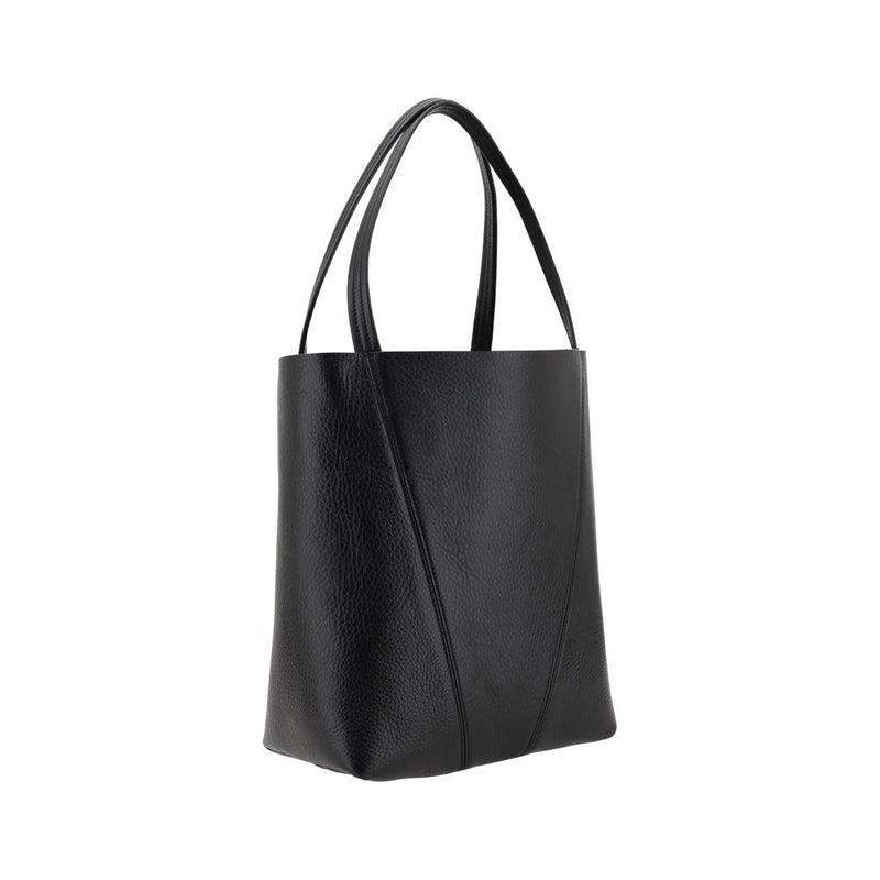 Black pebbled leather shoulder bag with structured paneling and double top handles