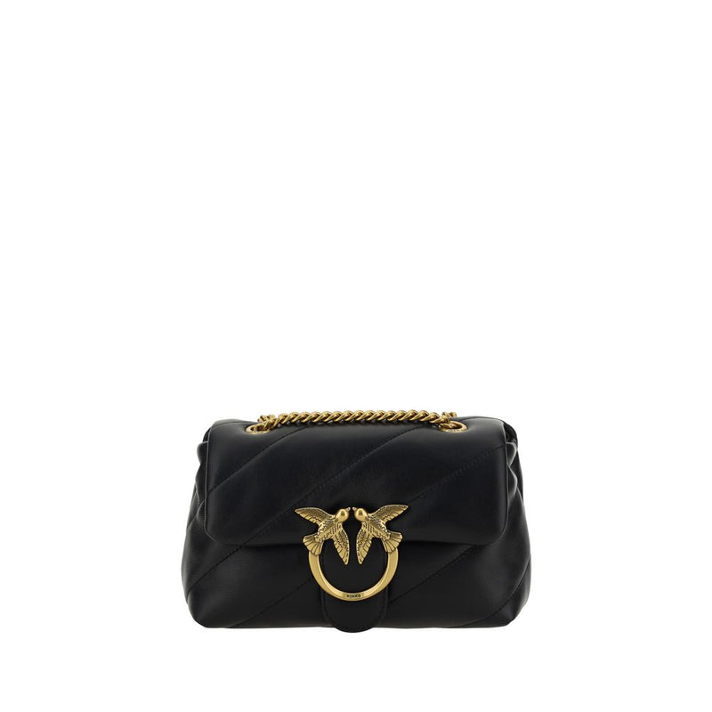 Black quilted leather shoulder bag with gold chain strap and ornate bird clasp