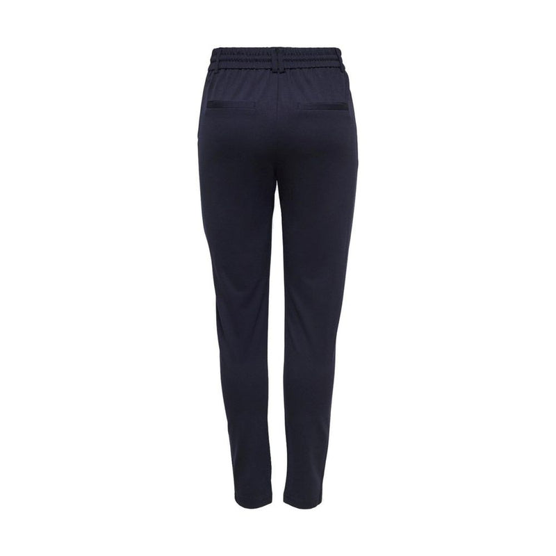 Dark blue viscose casual pants viewed from the back with an elastic waistband and two welt pockets