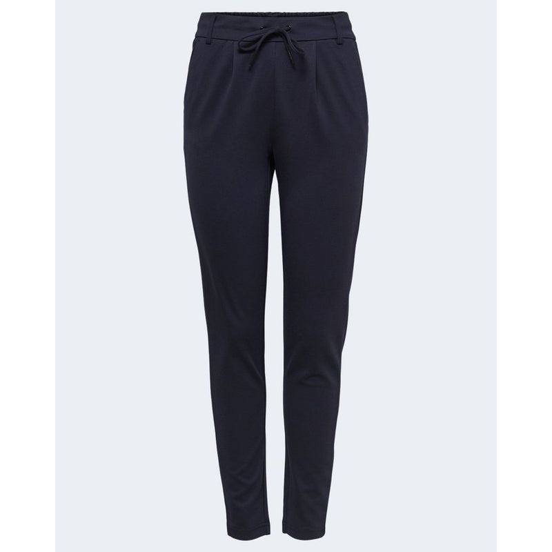 Dark blue viscose casual trousers with a drawstring waist and slim-fit legs