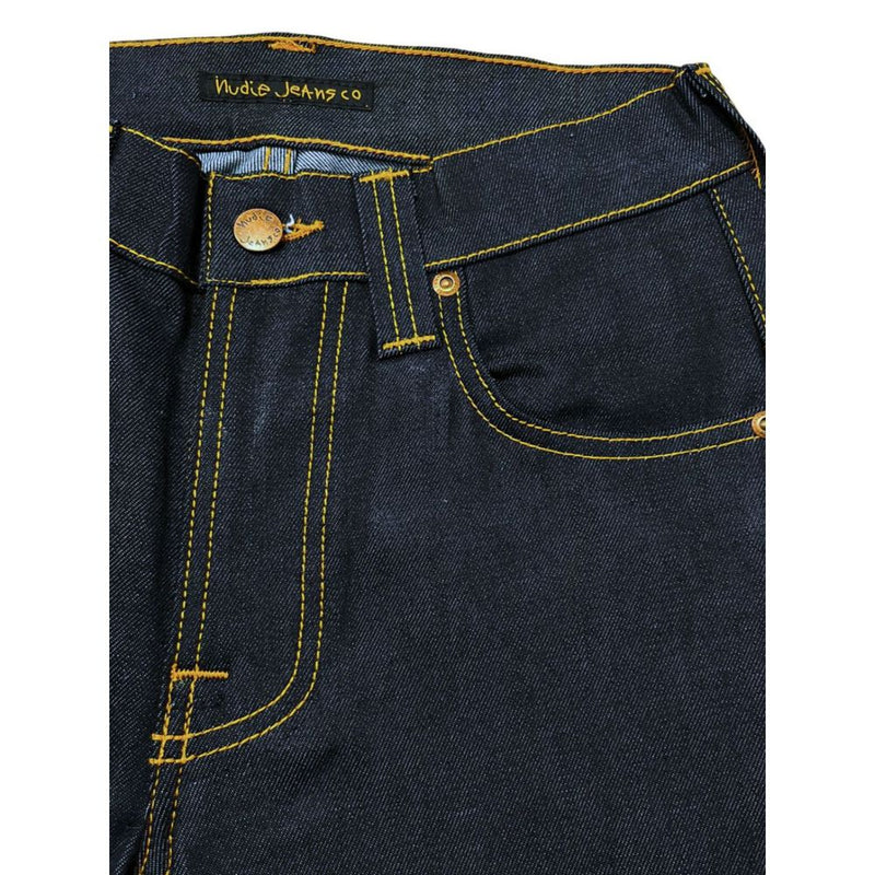 Dark blue cotton women's jeans with contrasting yellow stitching and front button closure
