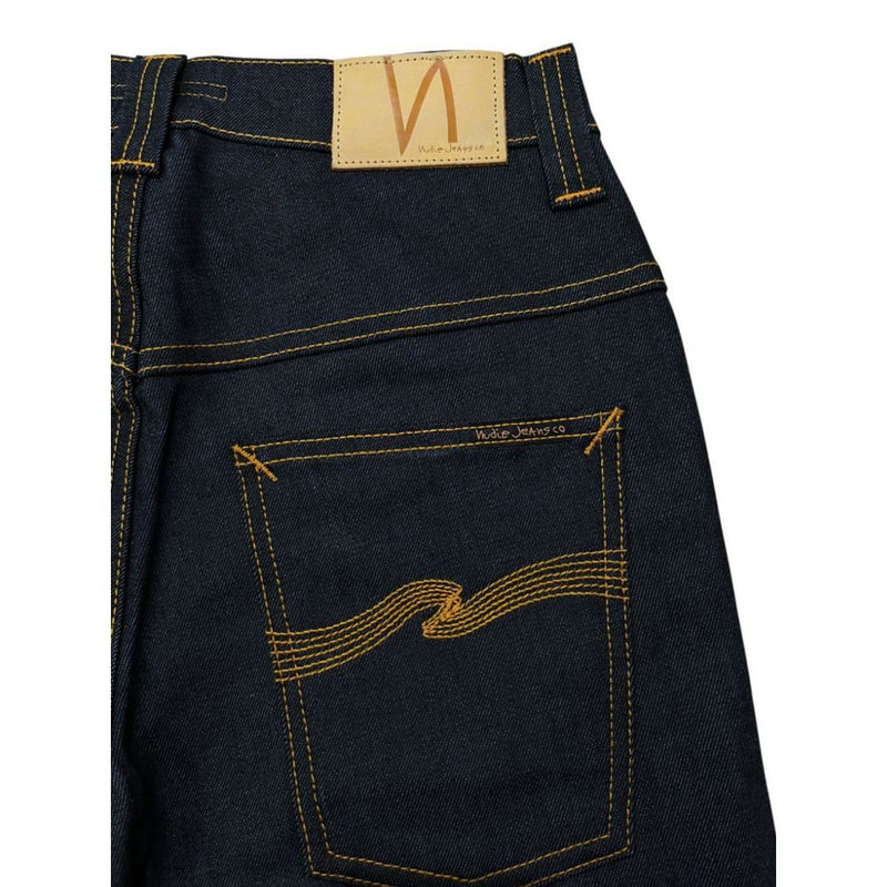 Dark blue cotton women's jeans with contrast orange stitching and back pocket detail
